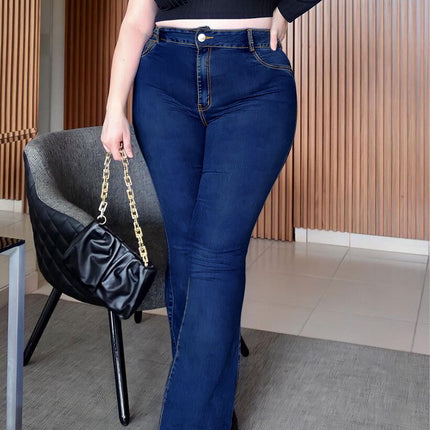 Manufacturer Tiktok Pop In-Stock Dropshipping Plus-Size Women's High-Stretch Zipper Mid-Waist Flared Jeans