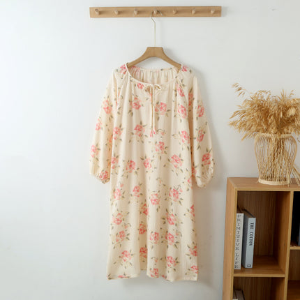 Nightdress women's cotton yarn crepe round neck pullover Spring and Autumn long sleeve pajamas loose outer wear thin home dress