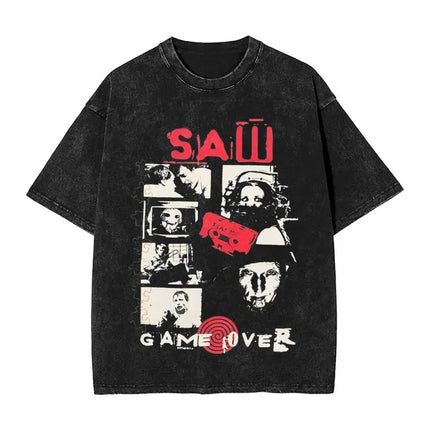 Washed t Shirt Vintage Saw Jigsaw Game Hip Hop Vintage T-Shi