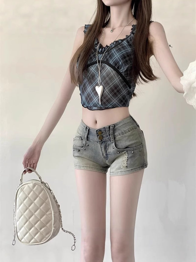American Hot Denim Shorts for Women Summer New Sexy Sexy Elastic Retro Rivets Low Waist Hip Hot Pants