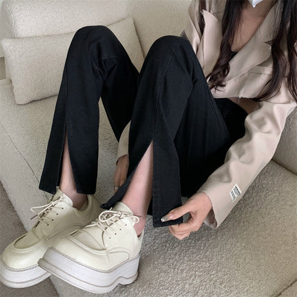 Spring New High Waist Split Jeans Women's Wide Leg Loose Large Size Slimming Straight Dipped Split Floor Trousers