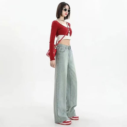Wide Leg Jeans Women's Spring 2025 Explosions Hot Girl Narrow Edition High Waist Embroidered Straight Tube Loose Mop Pants Trendy