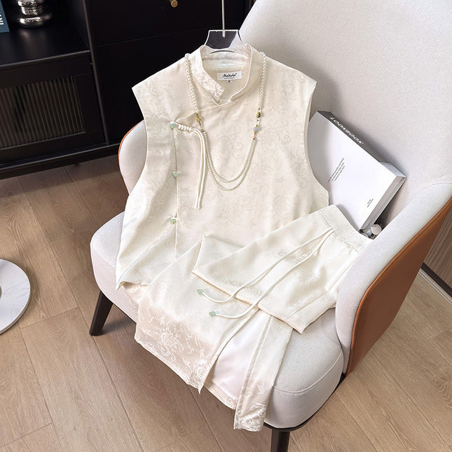 2025 New Summer New Chinese Style National Style Buckle Jacquard Top Gaming Tang Suit Two-piece Tea Suit