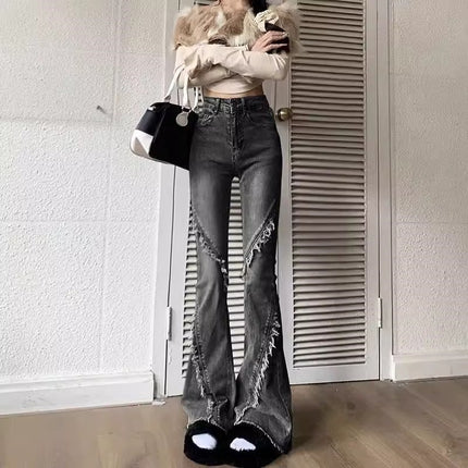 Black Grey Micro-Lazar Jeans Women's Fashion All-match New High Waist Slim-looking Fur-edge Design Sense Horseshoe Trumpet Pants