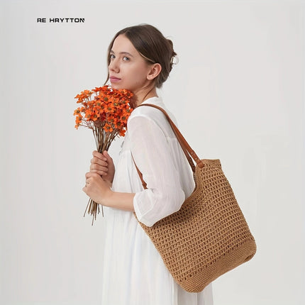 All-Match High-Grade Straw Woven Bag Cotton Bag Handmade Woven Bag Large Capacity Beach Bag Shoulder Bag Tote Bag Women