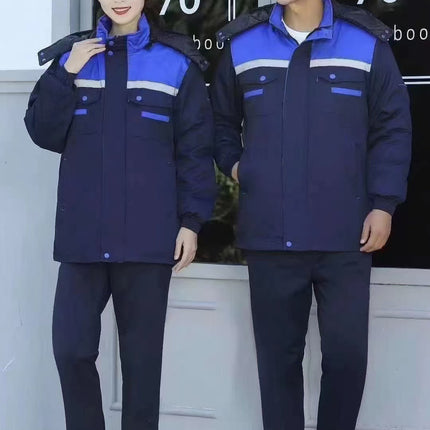 Winter Thickened Jacket, Mid-Length Workwear with Patchwork Shoulders, Cotton-Padded Jacket for Auto Repair, Construction Site, Factory, Cold Storage, and Warmth