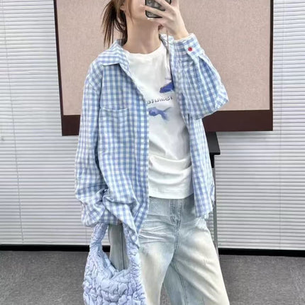 Japanese Style Sweet Cream Blue and White Plaid Shirt Women's Spring New Pleated Design Sense Outer Wear Shirt Coat Top