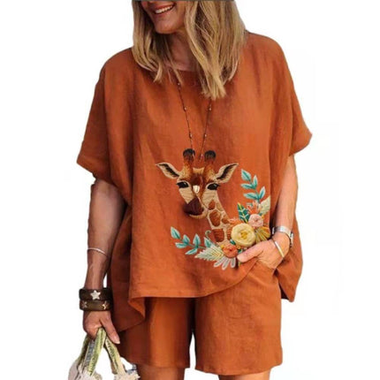 Amazon Cross-border Spring and Summer plus size Loose chubby girl Elegant Casual Western Style Age-reducing Printed Short-sleeved Sports suit