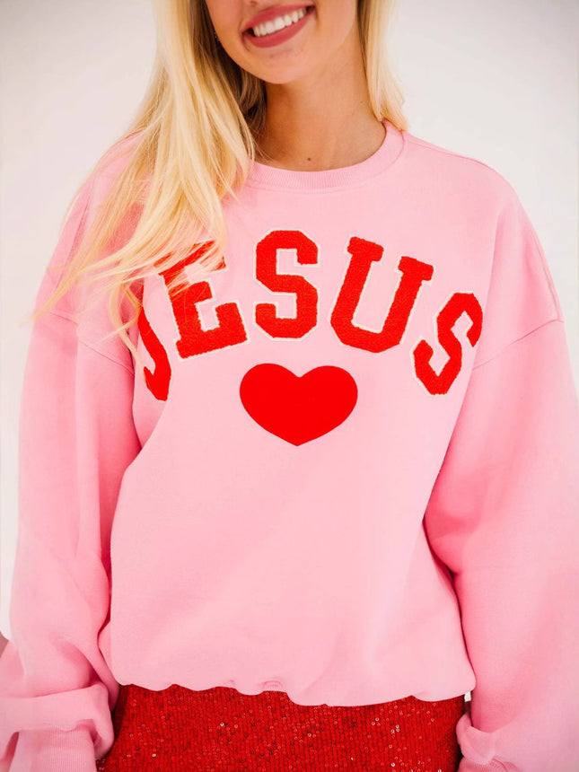 New Love Amazon European and American Towel Bead Embroidered Round Neck Loose Long Sleeve Sweat Cross-border Women's Wear Autumn and Winter