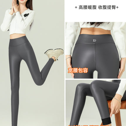 Cross-Border Large Size Baby Pu Leather Pants High Waist Slim Fit Leggings Thin Velvet Outer Leggings Thickeneded Warm Pants
