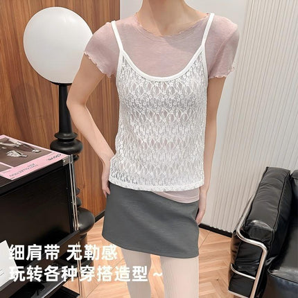 Simple All-match Seersucker Korean Style Sling Lace Hollow Sling Vest Women's Outer Wearing Comfortable Breathable Vest for Women