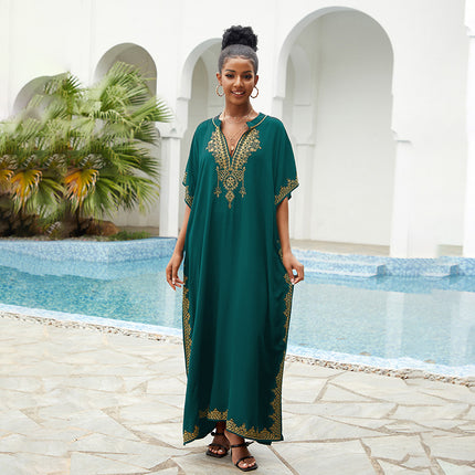 New Style Rayon Loose-Fitting Plus-Size Vacation Beach Cover-Up with Stand Collar, Long Dress for Women, Bikini Cover-Up, Swimsuit Outerwear