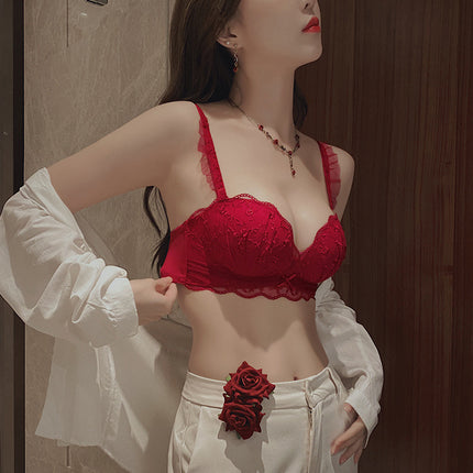 French Style Sexy Lace Underwear Women's Non-rims Push-up Small Chest Adjustable Upper Collocable Para Breast Bra suit