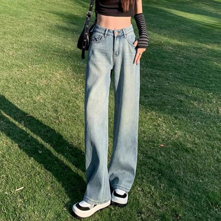 Light Color Wide Leg Jeans Women's Trendy All-match New High Waist Loose Dosing Narrow Retro Straight Pants