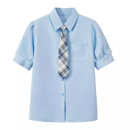 Short-sleeved Shirt Women's Summer Age-reducing College Japanese Girls JK Tie Shirt light blue Mid-length Fashion Top