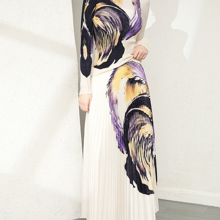 Miyake suit Women's Spring and Autumn Pleated High-end Fashion Printed Long-sleeve Garden Collar Elegant Age-reducing Slimming Long Dress Two-piece Set