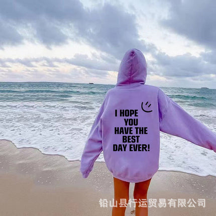 Hooded Pullover Sweatshirt for Women American Style 2022 Spring New Loose Smiley Face Print Letter Print Sweatshirt for Women