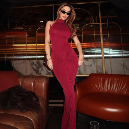 Sanhu Lianjiang Q25Ds104 European and American Women's Pure Color Sleeveless Halterneck Tight-Fitting Hip-Shrinking Pleated Slit Long Dress