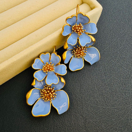 Oscar European and American Mid-Century Style Long Enamel Drip Glaze Flower Earrings for Women High-End Niche Design Ear Hooks