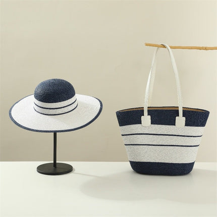 Foreign Trade Two-Piece Summer Straw Bag Set Large Brim Striped Straw Hat and Straw Bag Set Tote Handbag