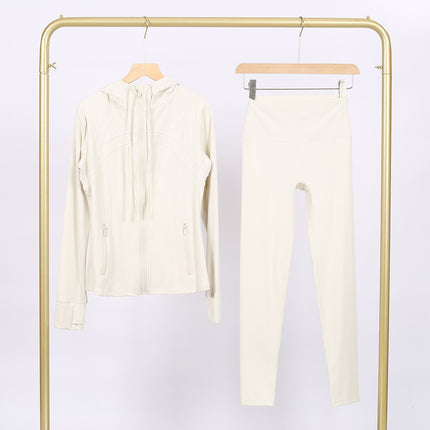 Lulu Df Stamped Hooded Jacket and Cropped Pants Set, Tight-Fitting Stretch Jacket with Gold Zipper, Fitness Yoga Outfit
