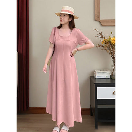 Plus Size Hepburn Style Dress Summer New Women's Pink a Version Huge Beautiful Pear-Shaped Figure Long Skirt 3533
