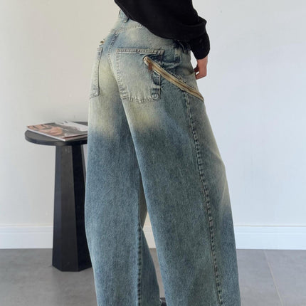 2025 Trendy Versatile New American Retro Street Style Loose Gradient Distressed Floor-Length Women's Jeans 8958
