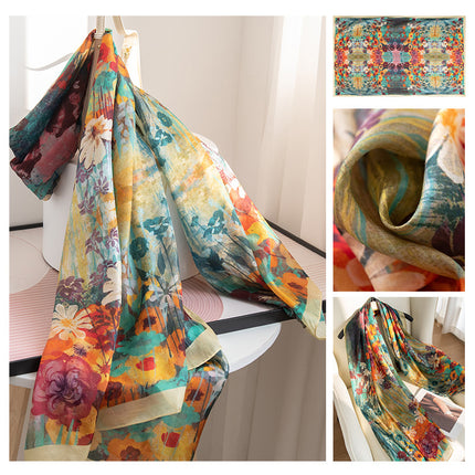 Autumn New Arrival Mulberry Silk Scarf for Women, Green Small Floral Shawl, Long Silk Scarf, Ready for Wholesale