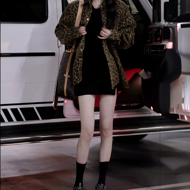 2025 Spring and Autumn New Leopard Print Cool and Scrub Long Sleeve Jacket Coat Women's Lasel Casual Loose Cardigan Top
