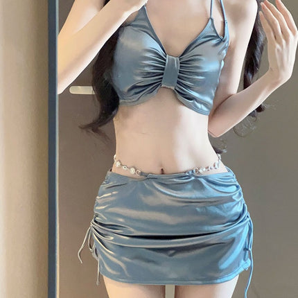 2025 New Swimsuit Women's Silver High-End Sexy Separates Three-Piece Set Hot Spring Vacation Fashion Bikini Hot Girl Outfit