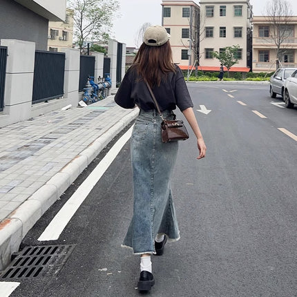 Hip Small Vintage Denim Fishtail Dress Women's Trendy All-match New High Waist Slimming Mid-length Hip Skirt