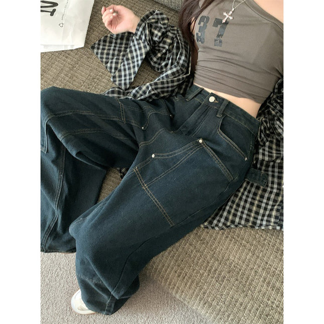American Style Retro Open Line Color Contrast Large Pocket Loose Wide Leg Denim Pants