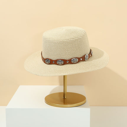 Straw Hat Bohemian Flat Brim Flat Top British Hat Women's Summer Outing Sunshade Sunscreen Hat Flat Top Straw Hat Beyond Piece