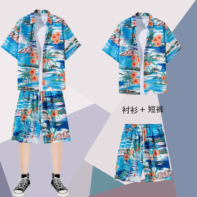 Summer thin short-sleeved floral shirt men's Hong Kong style retro Ruan Shuai Hawaiian seaside couple short-sleeved shorts two-piece set