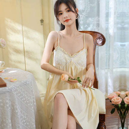 Pure Cotton Suspender Nightgown for Women, Summer French Style Sexy Lace Pure Desire Long Nightgown with Breast Pads, Can Be Worn Outside as Home Wear