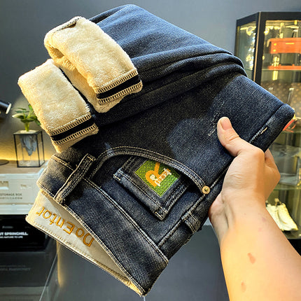 Flannel Winter fleece-lined Thickened Jeans Men's New Straight Fleece Warm Slim-fit Small Leg Casual Long Pants