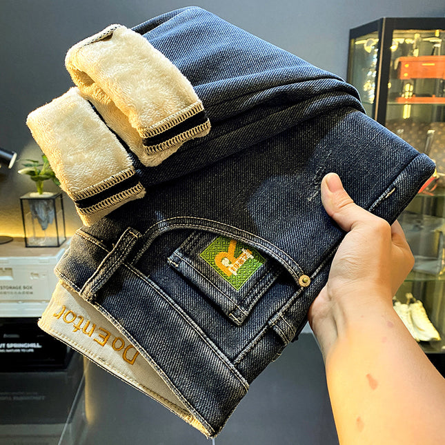 Flannel Winter fleece-lined Thickened Jeans Men's New Straight Fleece Warm Slim-fit Small Leg Casual Long Pants