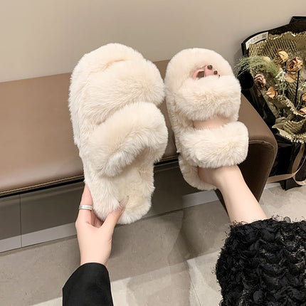 Household Moon Shoes Autumn and Winter Mao Mao Cotton Slippers Women's Cross Belt Fashionable Outer Wear Winter Home Thickened Warm