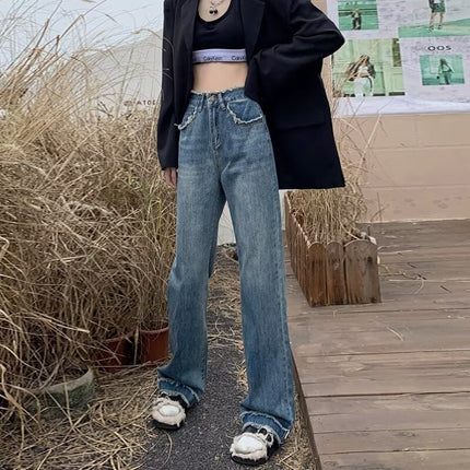 Retro Hong Kong Style Jeans Women's Design Niche Furry Straight Pants New High Waist Slim Floor Mopping Pants Autum