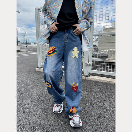 Design Sense Creative Hamburger Towel Embroidered Jeans Men's and Women's Slimming vintage Loose High Street Wide Leg Pants