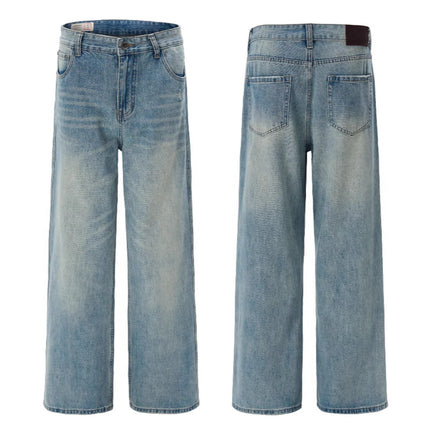 LKTM Men's# Spring and Summer light blue Washed Cat Whiskers Jeans Men's and Women's Trendy All-match Loose Straight Pants