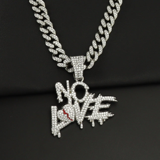 European and American hip-hop style full diamond stitching letter love pendant clavicle chain heartbroken letter NOLOVE Cuban tide necklace