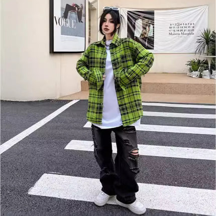 Retro Long Sleeve Plaid Shirt Women's Shirt Design Sense Niche Spirit Young Guy Chic Beautiful Green Jacket Trendy