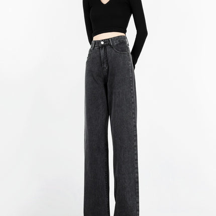 Smoke Gray Wide-Leg Jeans for Women 2024 Autum New Popular High-Waist Draped Straight-Leg Loose Floor-Length Pants
