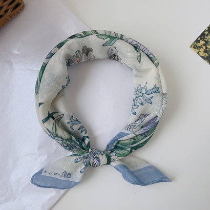Soft Breathable Cotton Linen Small Square 58x 58cm New Artistic Printed Air Conditional Room Neck Protection Scarf Women