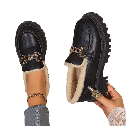 British Style fleece-lined Small Shoes Women's 2024 Autumn and Winter New Warm Loafers Slip-on plus size Cotton Shoes