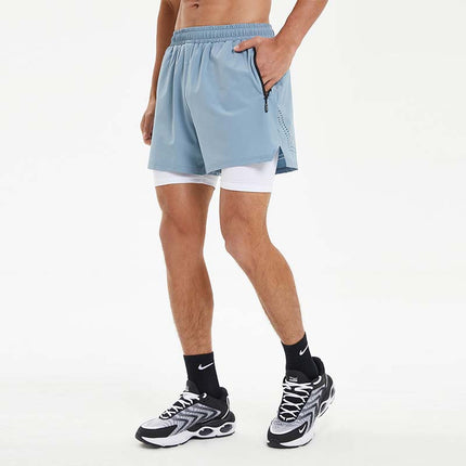 Summer Men's Sports Double-Layer Shorts Running Fitness High Elasticity Fast Dry Group Running Professional Marathon Three-Minute Pants Spot