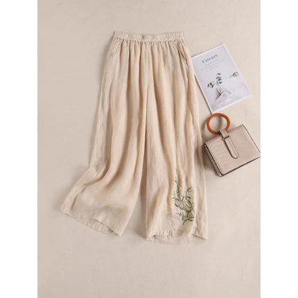 Southeast Asia Cross-Border Spring and Autumn Large Size Loose-Fitting Casual Slimming High-Waisted Cotton and Linen Embroidered Wide-Leg Pants