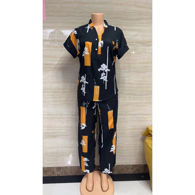 2024 In-Stock Cross-Border Aliexpress Popular Foreign Trade Women's Clothing with Unique Print Two-Piece Set Versatile Korean Fashion