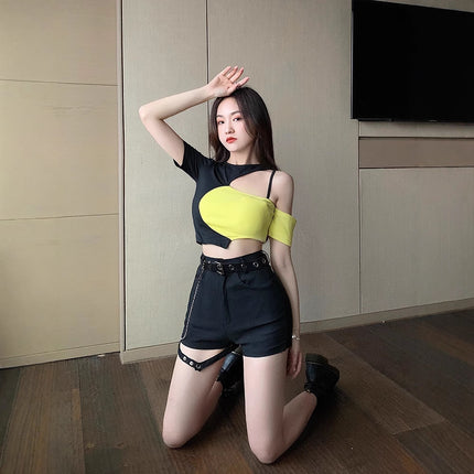 Black Shorts Women's Thin High-waisted Ultra-short Pants Slimming Slim-fit Sports Hot Pants Short-sleeved Top Trendy suit